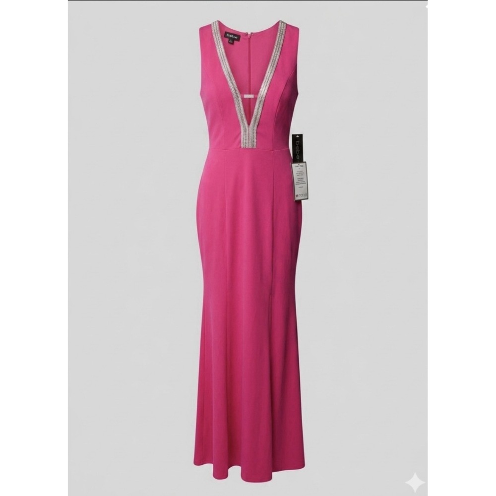 Bebe Pink Rhinestone Embellished Deep V-Neck Maxi Gown Dress NWT Size S